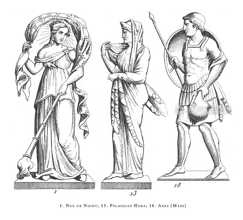 Nux或夜，Pelasgian Hera, Ares (Mars)，来自希腊和罗马神话的传奇场景和人物雕刻古董插图，出版于1851年